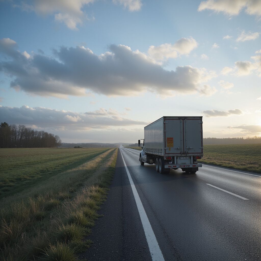 Semi-truck driving on a wet road through a rural landscape under a cloudy sky.