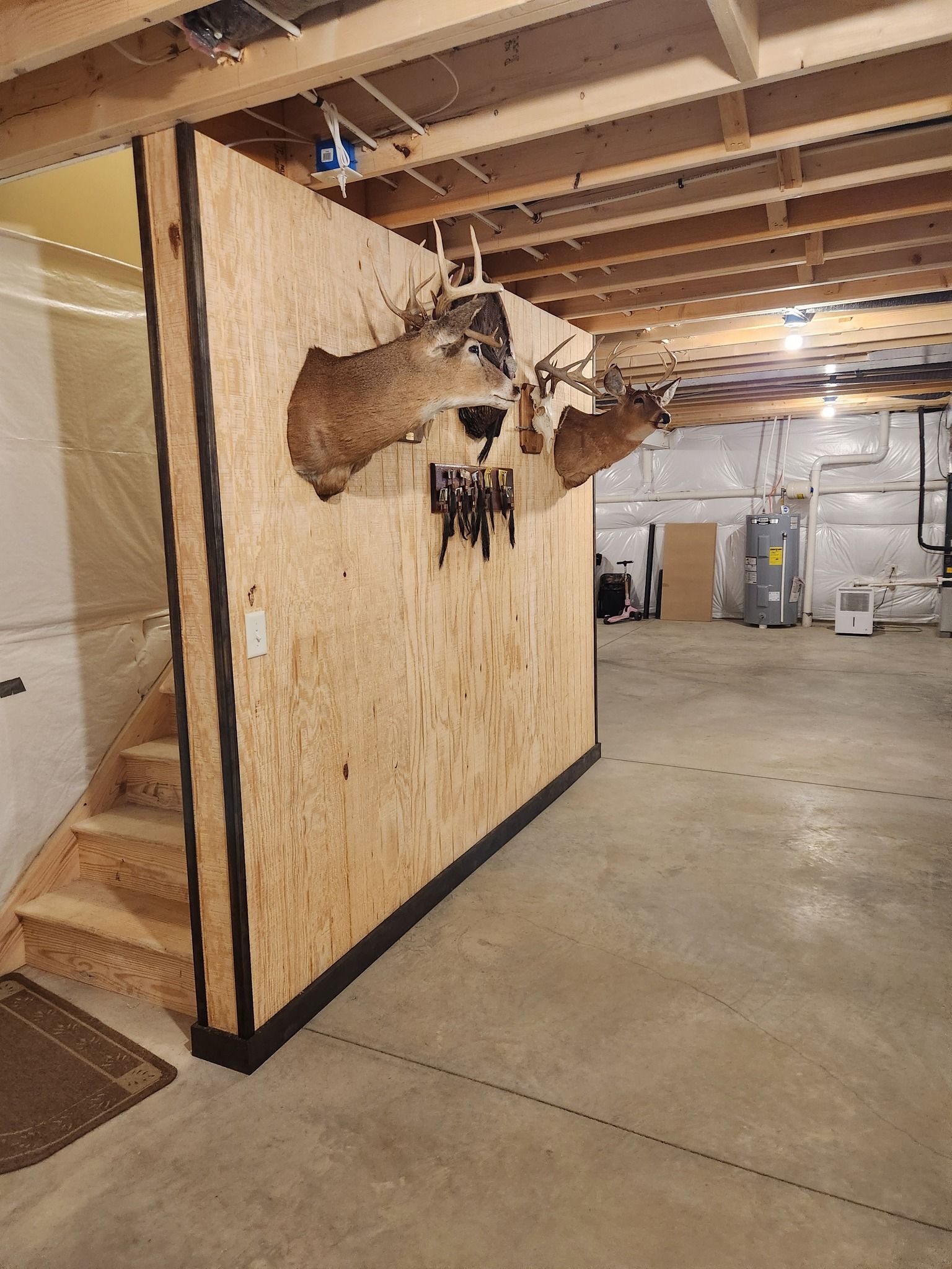 Basement with unfinished walls, staircase, and mounted deer heads on a plywood structure.
