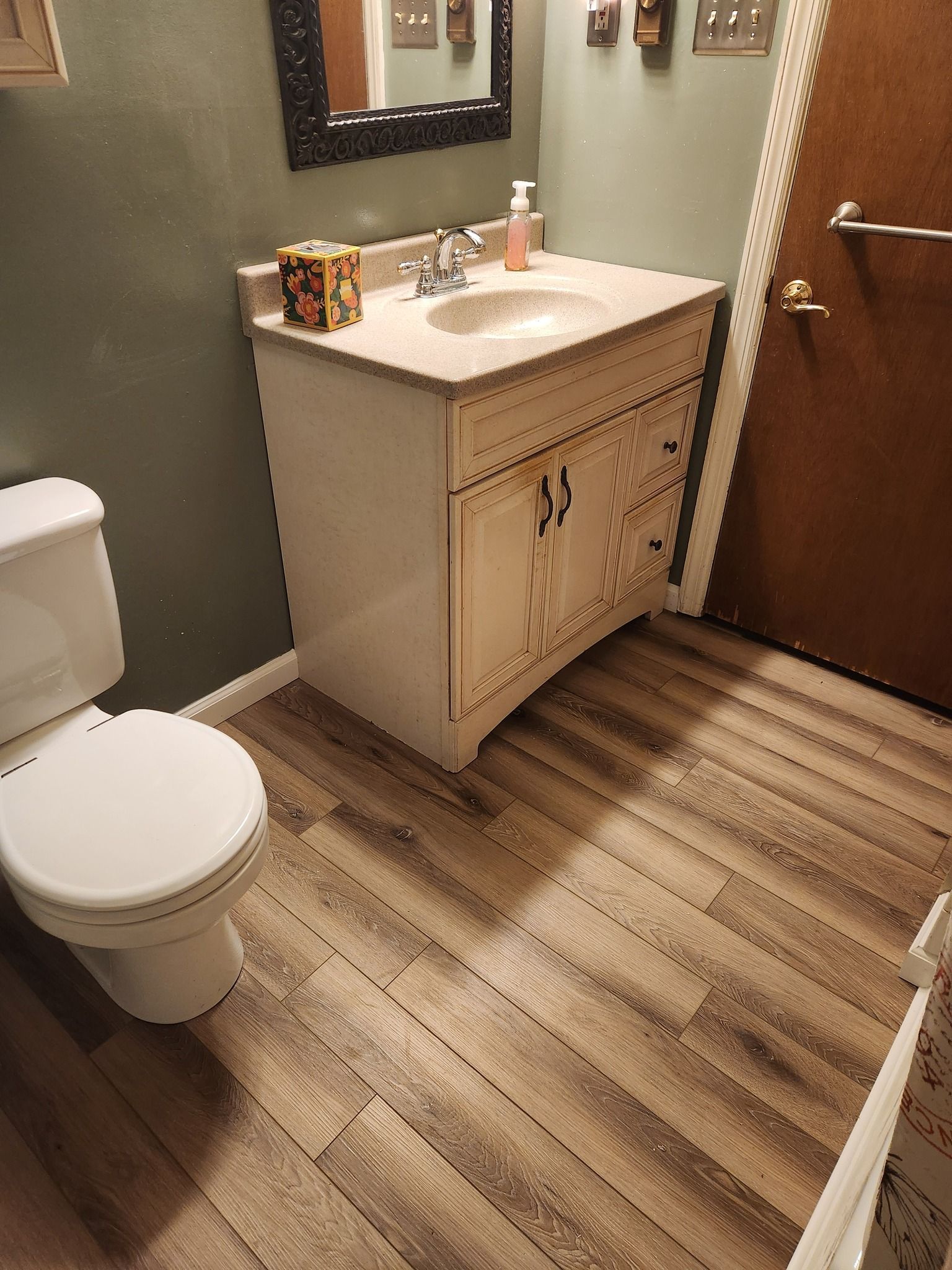 Small bathroom with a toilet, sink, and wood-look flooring. Dark green wall and light-colored vanity.