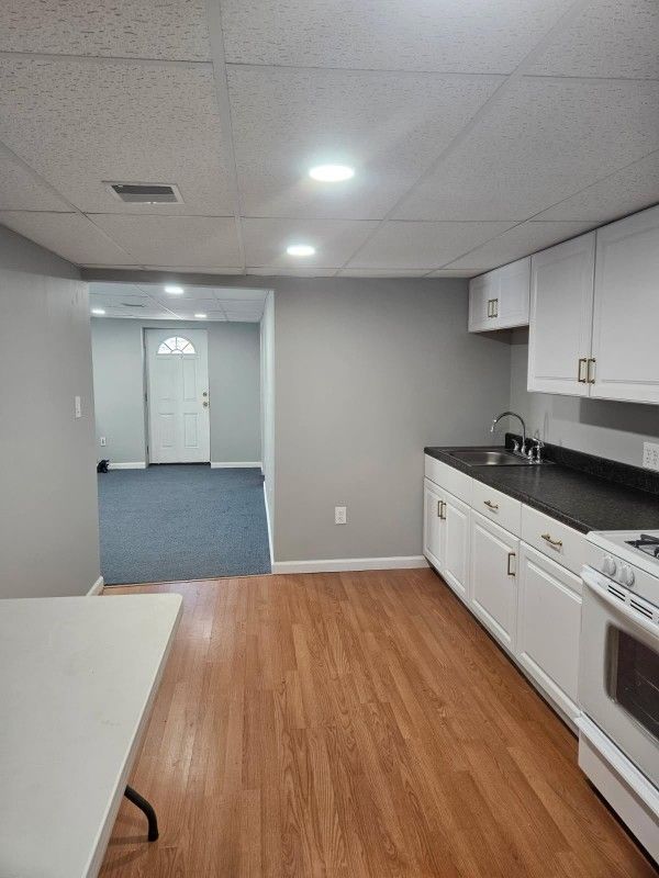 Basement kitchen with white cabinets, dark countertop, and wood-look flooring. Doorway to blue carpeted area.