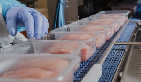 Een persoon verpakt kip in plastic bakjes op een lopende band.