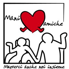 Un disegno di persone con un cuore e la scritta mani amiche