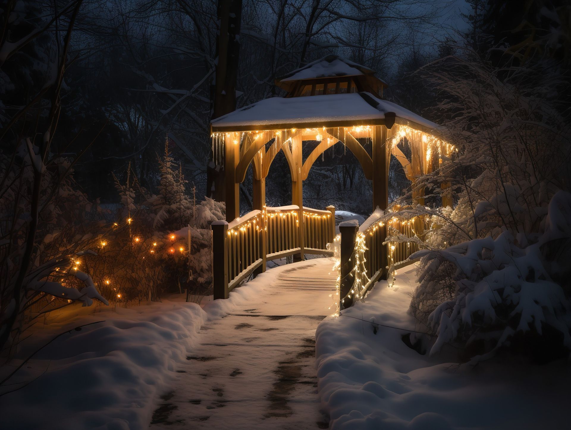 A snow-covered path leads to a gazebo lit with warm fairy lights at night.