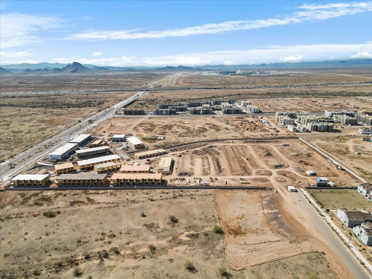 An aerial view of a city in the middle of a desert.