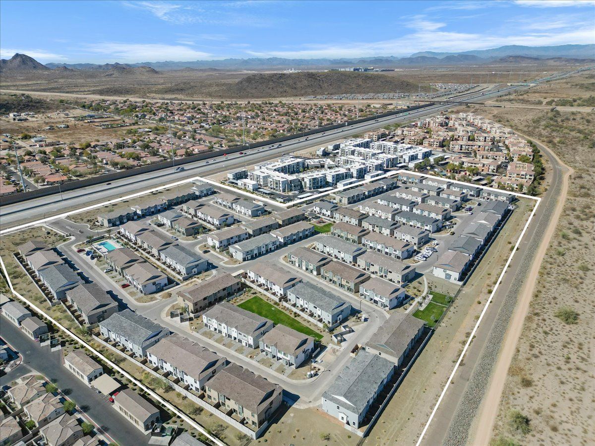 An aerial view of a residential neighborhood in the desert.