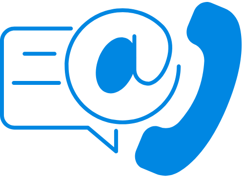 Een blauwe telefoon met een tekstballon en een e-mailadres.