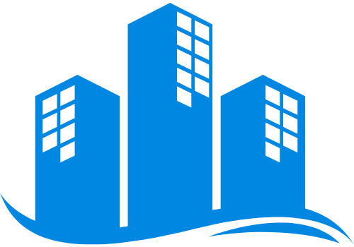 Een blauw gebouwpictogram met een golf op de achtergrond.