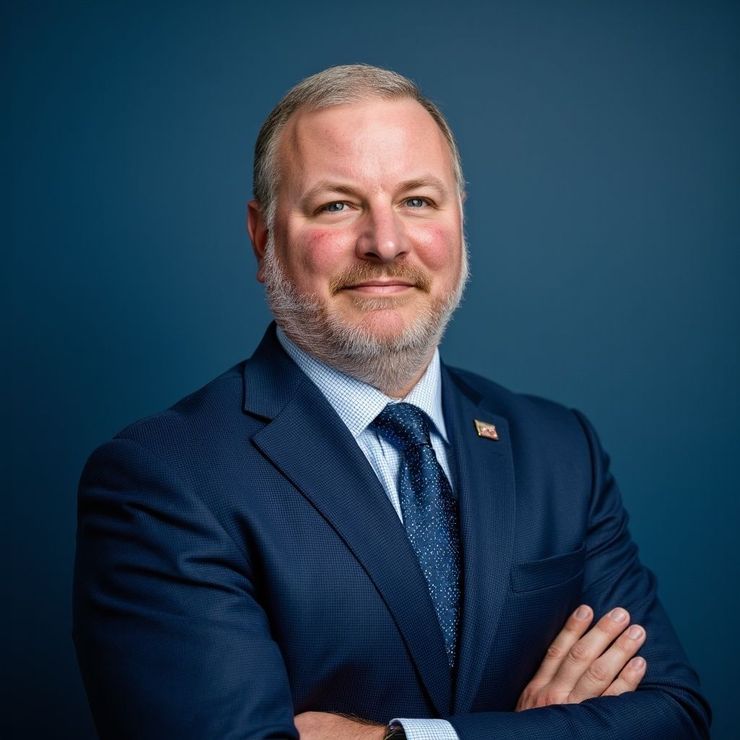 A man in a suit and tie is standing with his arms crossed.