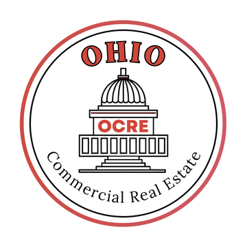 Logo for Ohio Commercial & Ohio Residential Real Estate featuring buildings and a house within a red crescent.