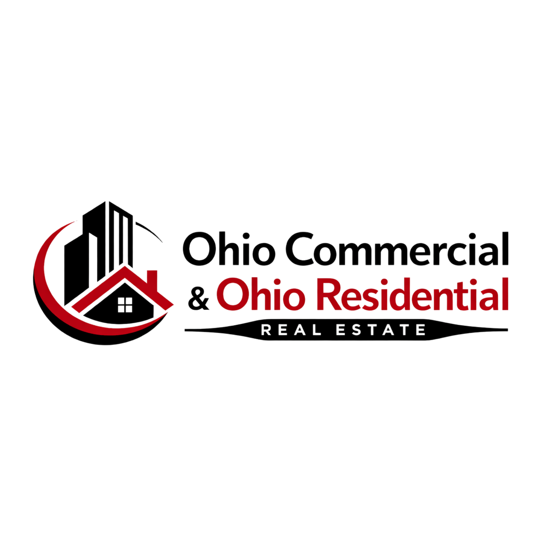 Logo for Ohio Commercial & Ohio Residential Real Estate featuring buildings and a house within a red crescent.