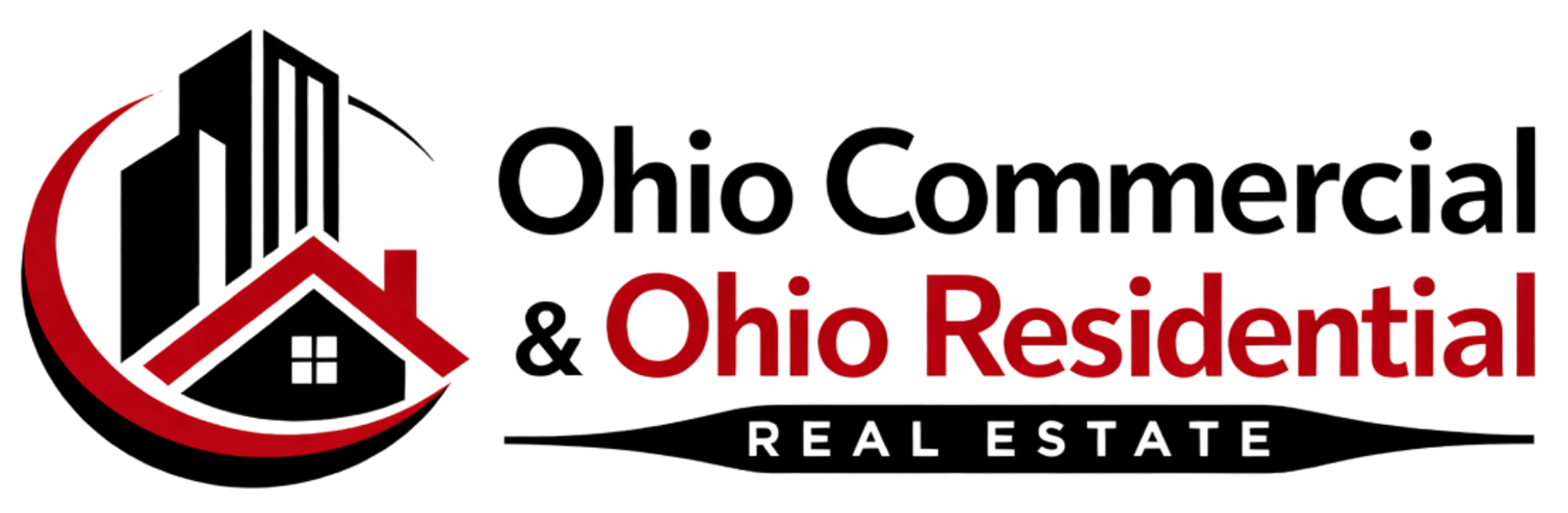 Logo for Ohio Commercial & Ohio Residential Real Estate featuring a skyline, a house, and text.