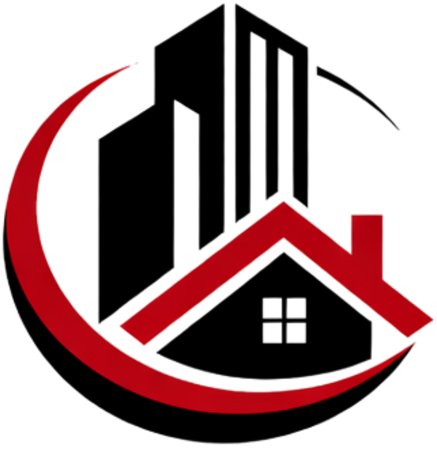 Real estate logo: Black building and red roof within a red crescent.