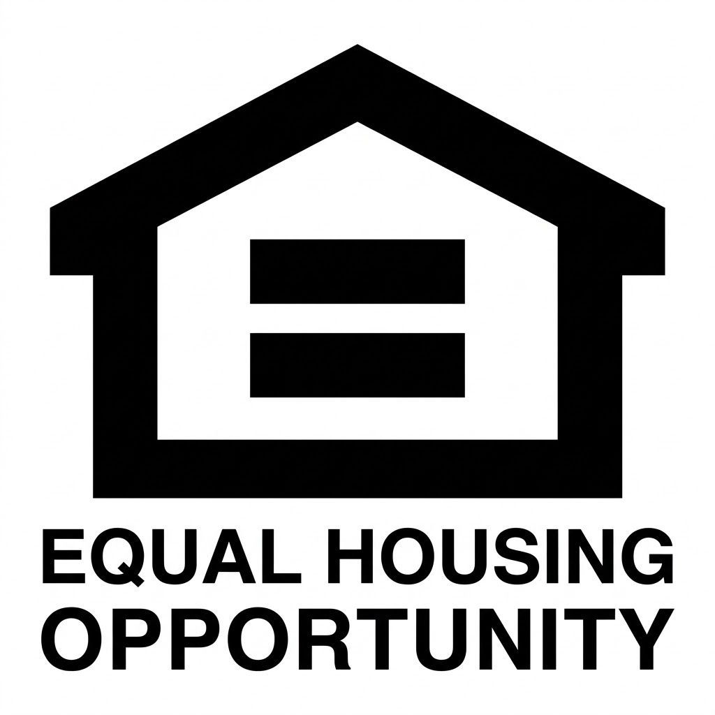 Black Equal Housing Opportunity symbol. House outline with two equal horizontal bars. Text below.