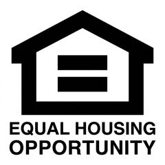 Black Equal Housing Opportunity symbol. House outline with two equal horizontal bars. Text below.