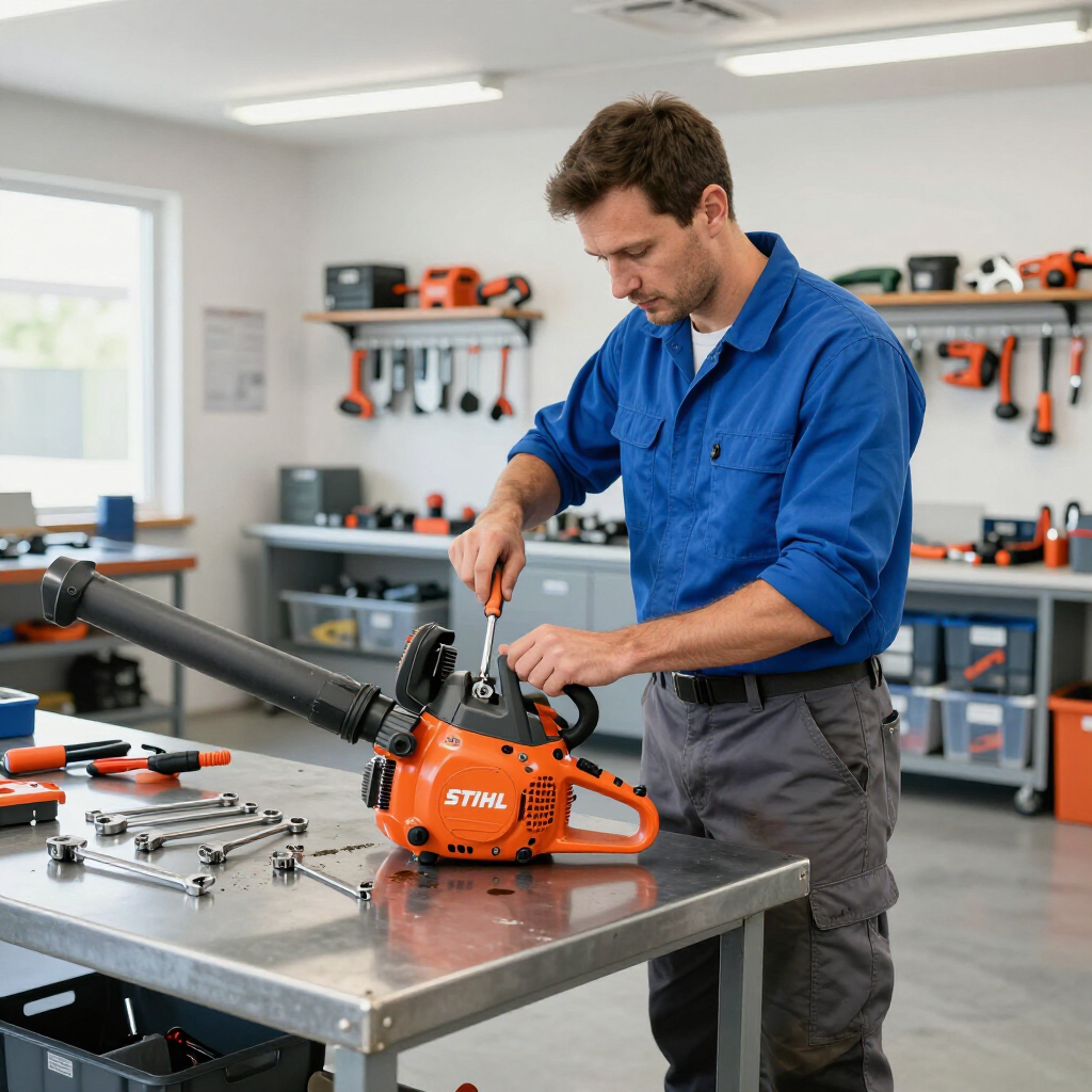 A person wearing a blue shirt and gray pants repairs an orange Stihl leaf blower on a metal workbench in a workshop. A person wearing a blue shirt and gray pants repairs an orange Stihl leaf blower on a metal workbench in a workshop.