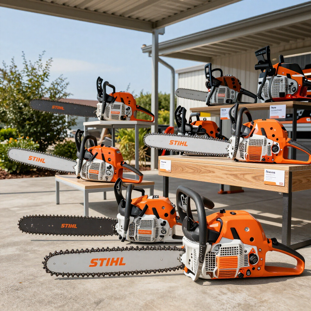 An outdoor display of several orange and white Stihl chainsaws arranged on tables and the ground. An outdoor display of several orange and white Stihl chainsaws arranged on tables and the ground.