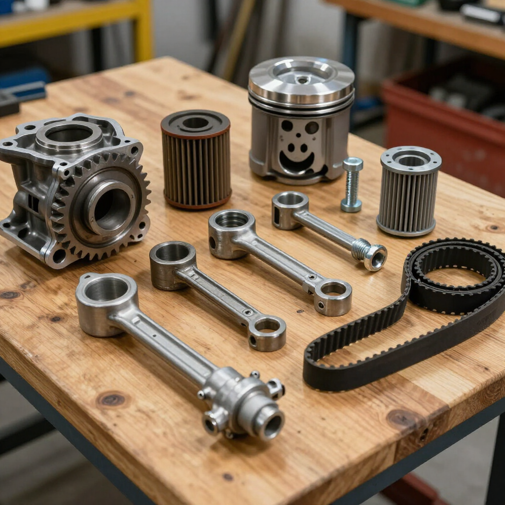 Assorted metal engine components including a piston, connecting rods, and filters arranged on a wooden workbench. Assorted metal engine components including a piston, connecting rods, and filters arranged on a wooden workbench.