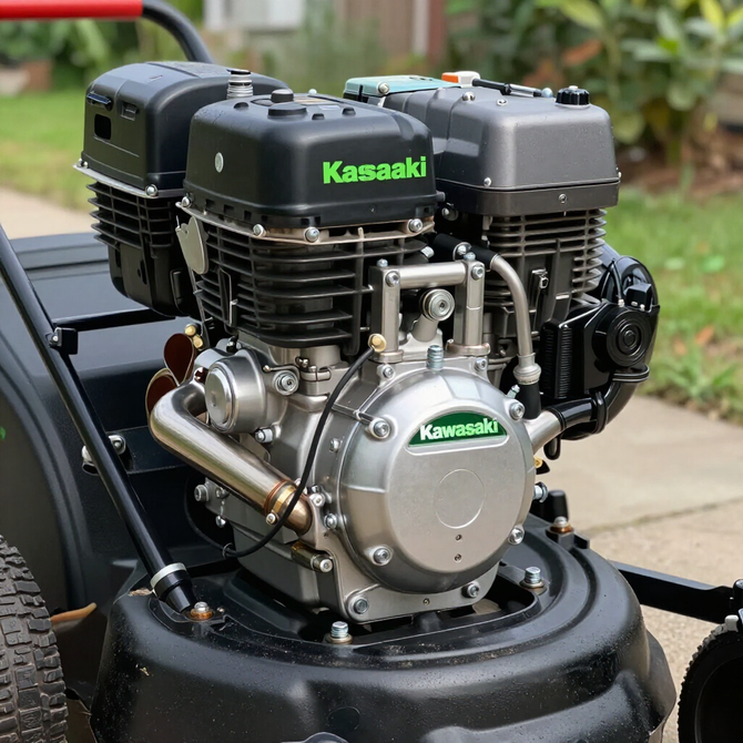 A close-up view of a Kawasaki engine mounted on a black lawn mower frame outdoors. A close-up view of a Kawasaki engine mounted on a black lawn mower frame outdoors.