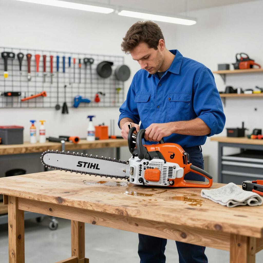 A person in a blue shirt adjusting a STIHL chainsaw on a wooden workbench in a workshop. A person in a blue shirt adjusting a STIHL chainsaw on a wooden workbench in a workshop.