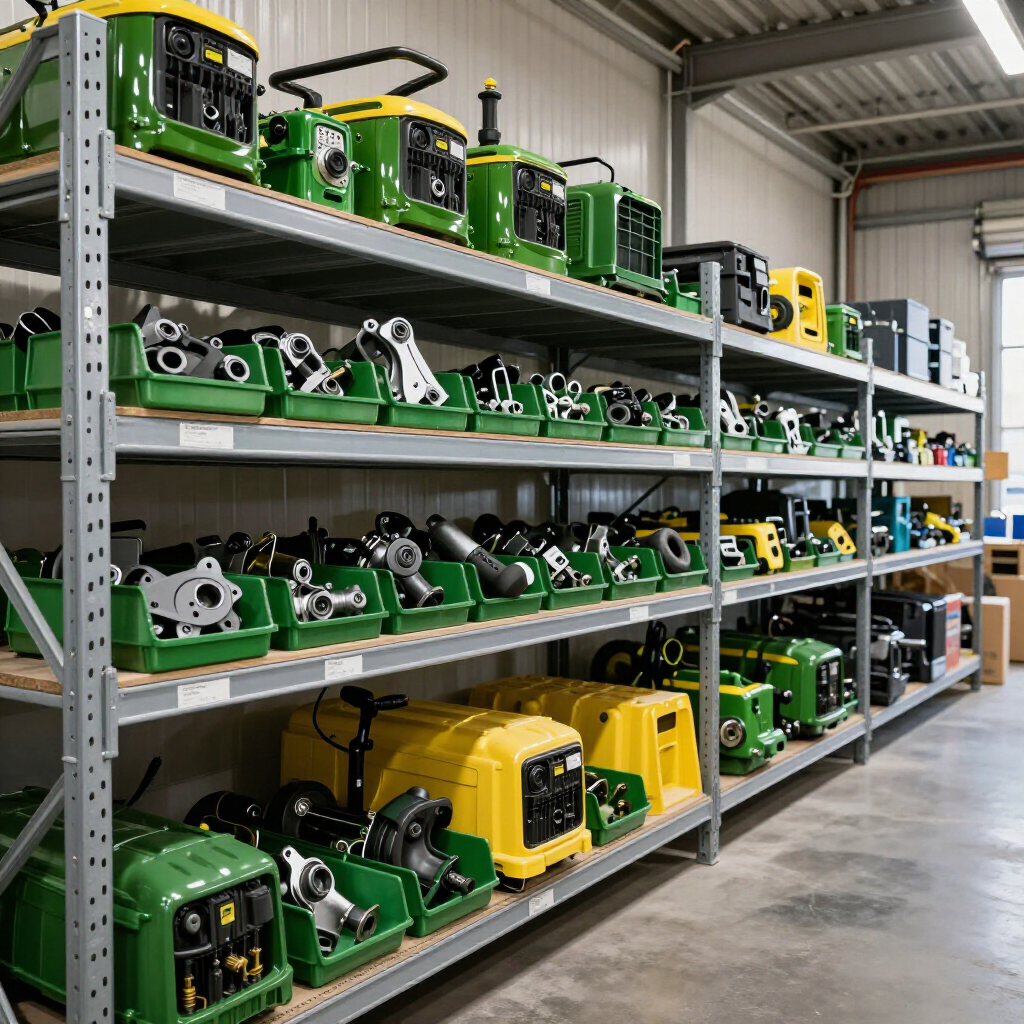A mechanic wearing gloves works on the gear of a red and green tractor in a brightly lit workshop. A mechanic wearing gloves works on the gear of a red and green tractor in a brightly lit workshop.