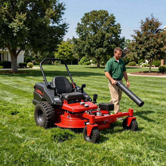 A person in a green shirt stands beside a red zero-turn mower, holding a black leaf blower on a sunny residential lawn. A person in a green shirt stands beside a red zero-turn mower, holding a black leaf blower on a sunny residential lawn.