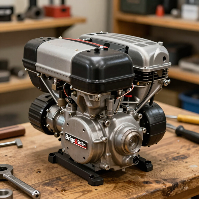 A Briggs & Stratton small engine sits on a wooden workbench, surrounded by various tools in a workshop setting. A Briggs & Stratton small engine sits on a wooden workbench, surrounded by various tools in a workshop setting.