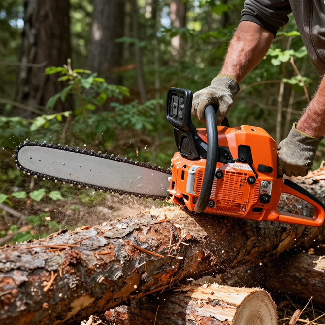 A pair of hands in work gloves operates an orange chainsaw to cut through a log in a forest setting. A pair of hands in work gloves operates an orange chainsaw to cut through a log in a forest setting.