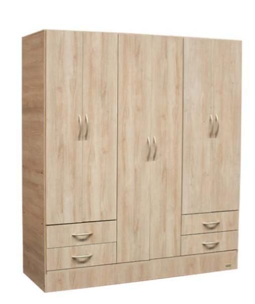 Armario de seis puertas de madera beige con dos cajones en la parte inferior de las puertas exteriores.
