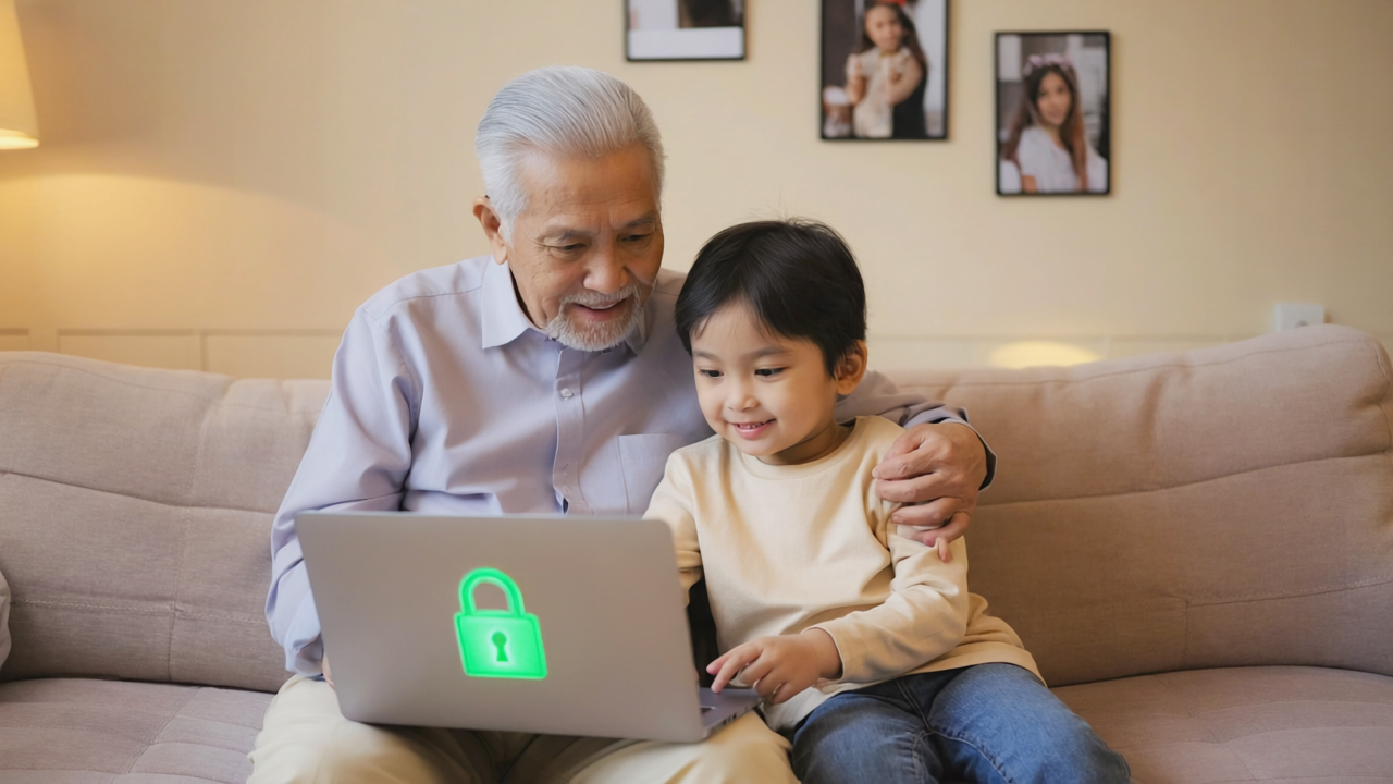 Tiiming vous accompagne dans la gestion adminsitrative Grand-père et enfant regardant ensemble un ordinateur portable ; symbole de cadenas vert à l'écran.