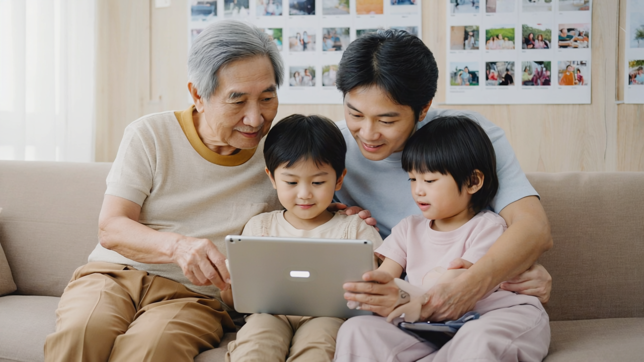 sur Tiiming, les documents les plus important sont conservés, protégés, organisés et partagés selon vos envies Une famille de quatre générations regardant une tablette ensemble sur un canapé.