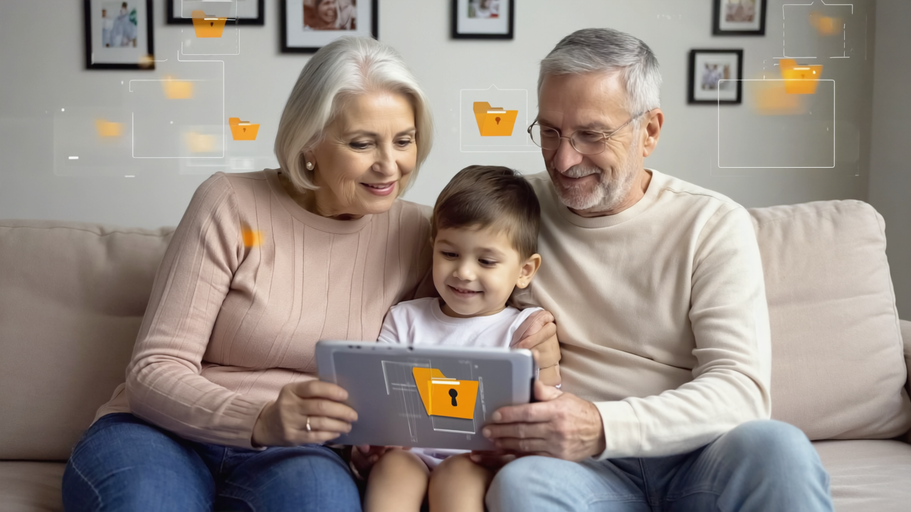 Tiiming aux services de l'organisation de vos dossiers importants partout dans le monde Grands-parents et petit-fils assis sur un canapé, regardant une tablette. Des dossiers animés sont superposés.