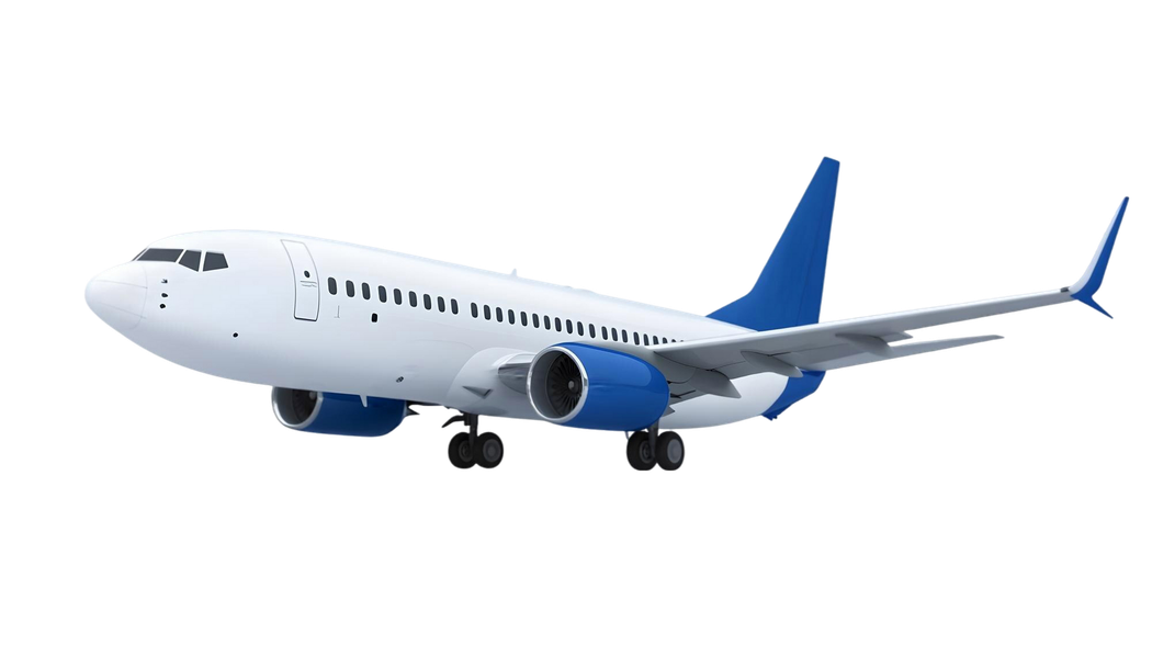 White and blue passenger airplane in flight.