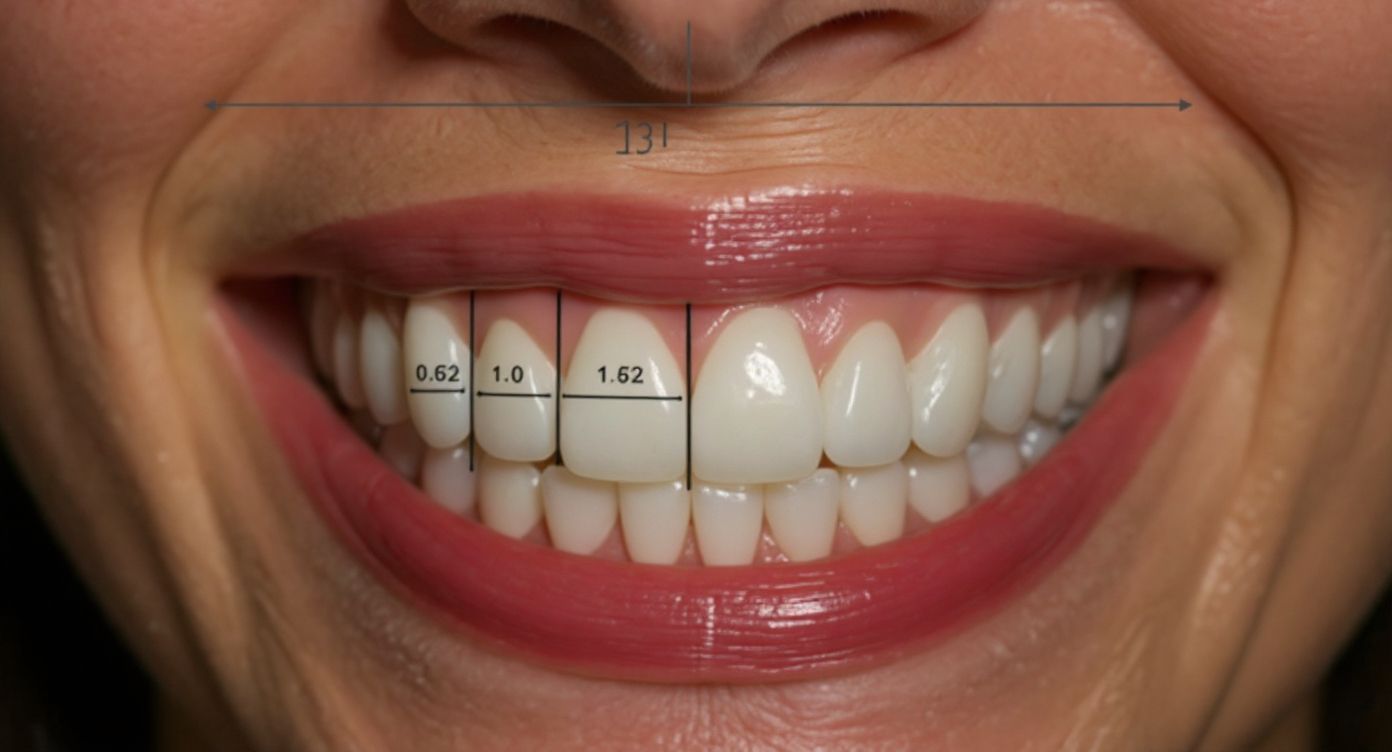 Close-up of a smiling person with teeth measurements for cosmetic dentistry, showing proportions of front teeth.