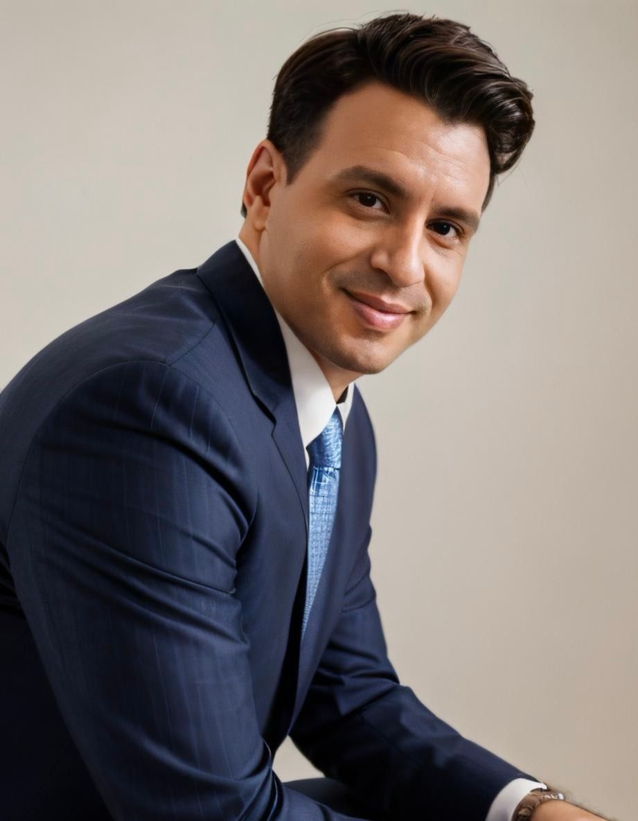 Man in a blue suit smiles, leaning slightly. He's in a studio, and the background is plain.