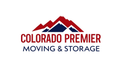 A logo for colorado premier moving and storage with a mountain in the background.