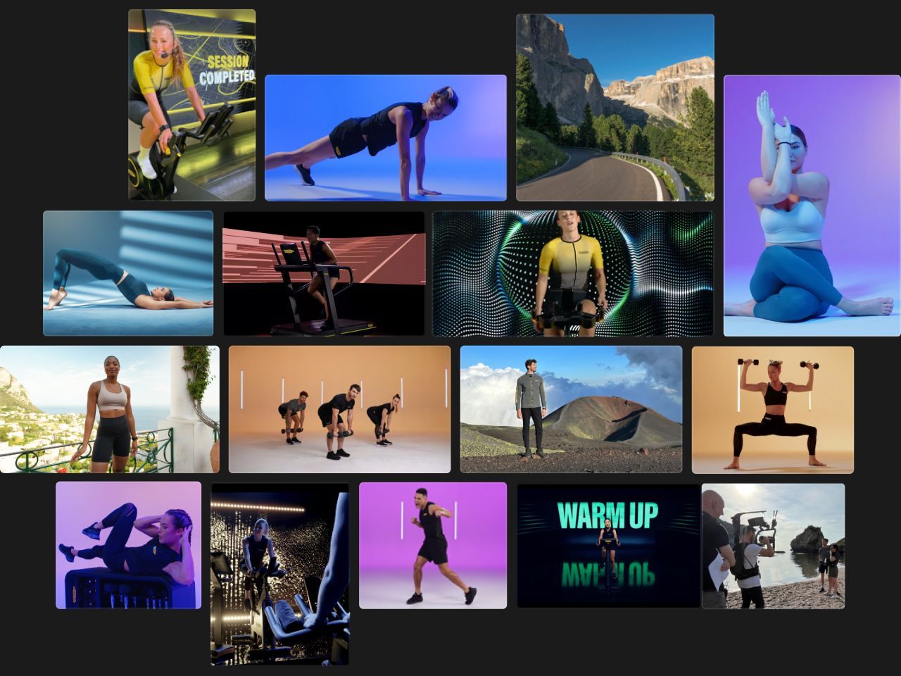 A collage of various exercise and fitness activities, including cycling, yoga, weightlifting, and outdoor landscapes.