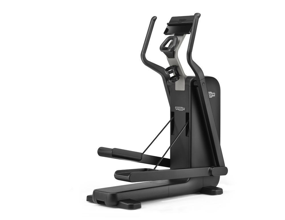 A black Technogym elliptical machine on a white background, designed for indoor cardio exercise.