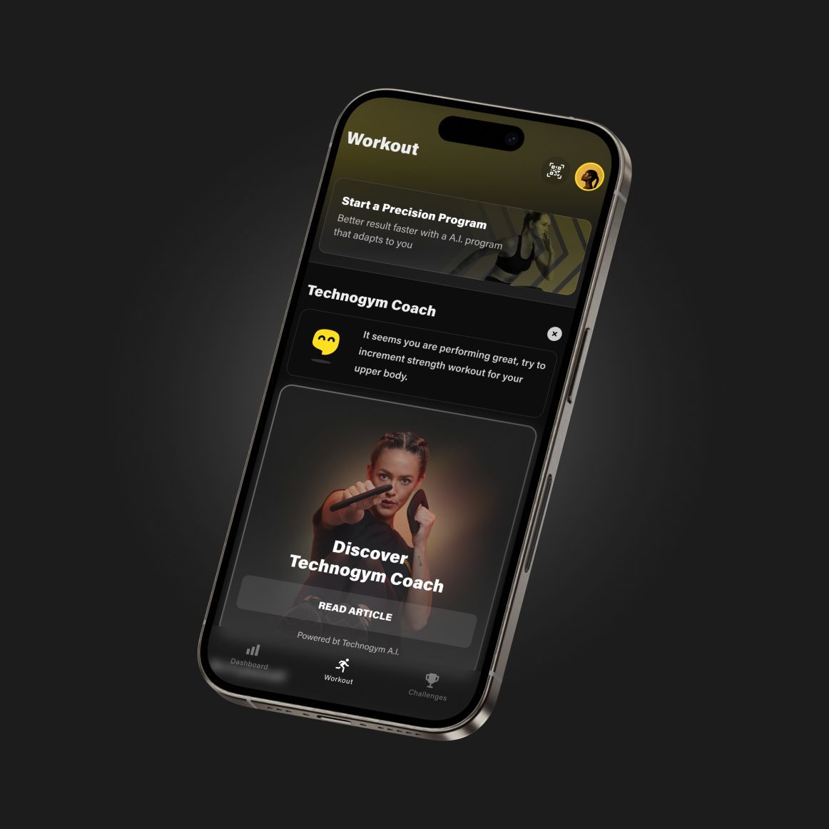 Smartphone screen showing a dark-themed fitness app interface with a workout program and a technique coach feature.