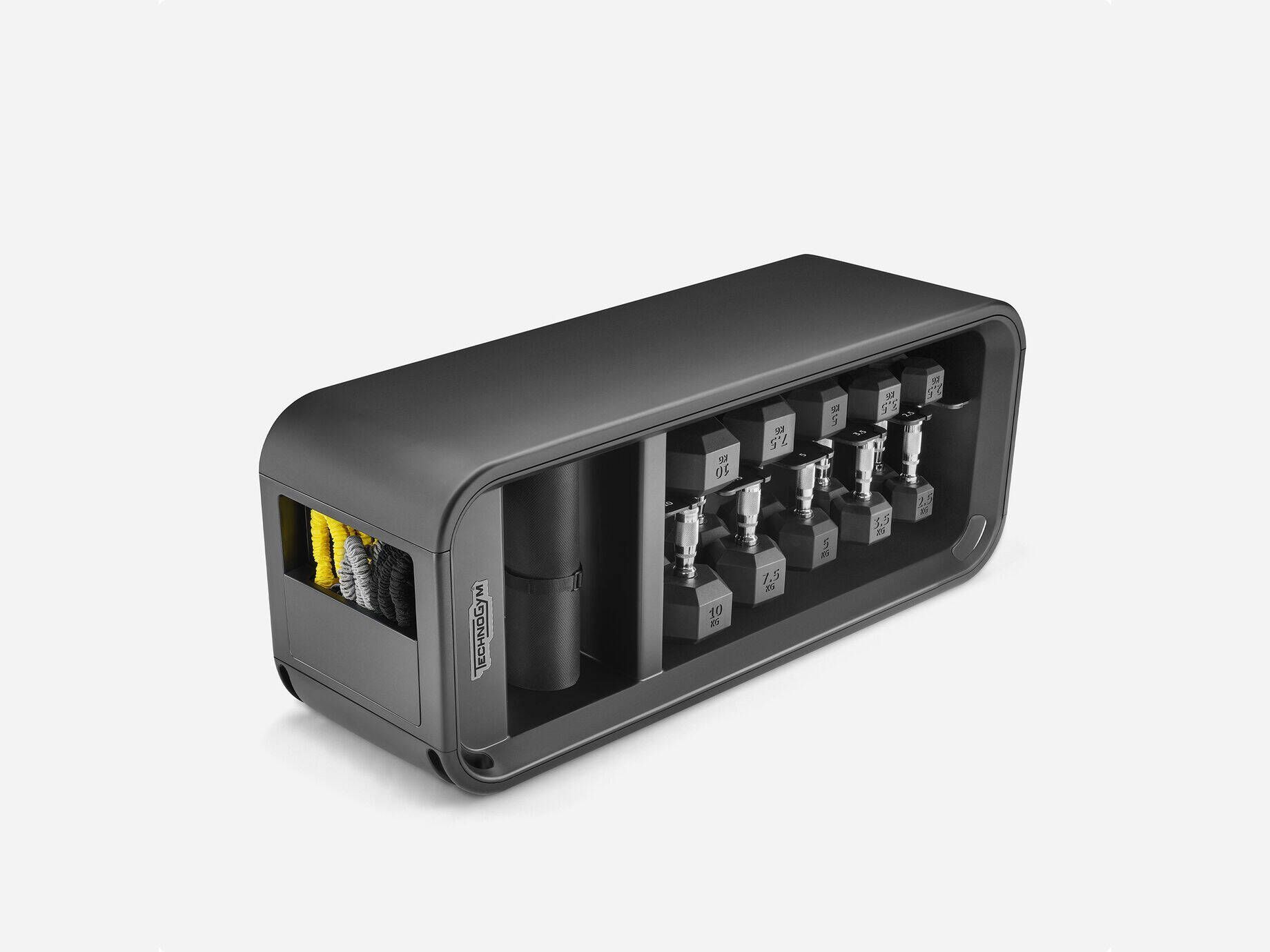 A black, rectangular storage unit containing a row of small, labeled black exercise weights.