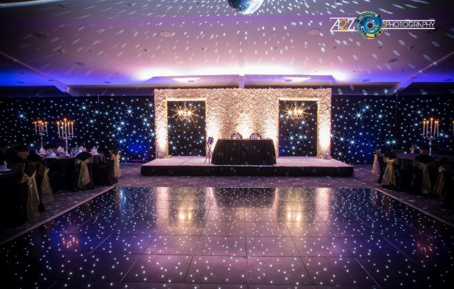 A large room with a dance floor and tables and chairs.