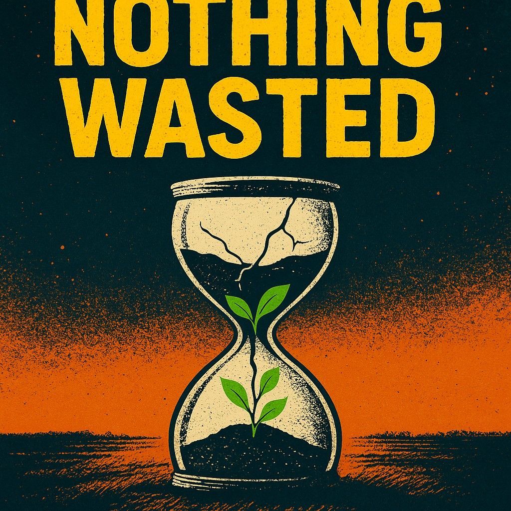 a cracked hourglass in a field, sprouting green life—God restoring time and reviving what was lost.