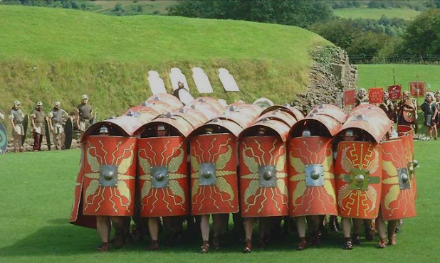 Roman Leginair in the tortoise formation with their shields 