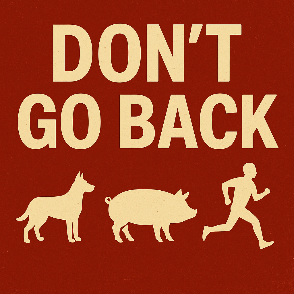 High-contrast sermon thumbnail featuring bold text “Don’t Go Back” with icons of a dog, pig, and run