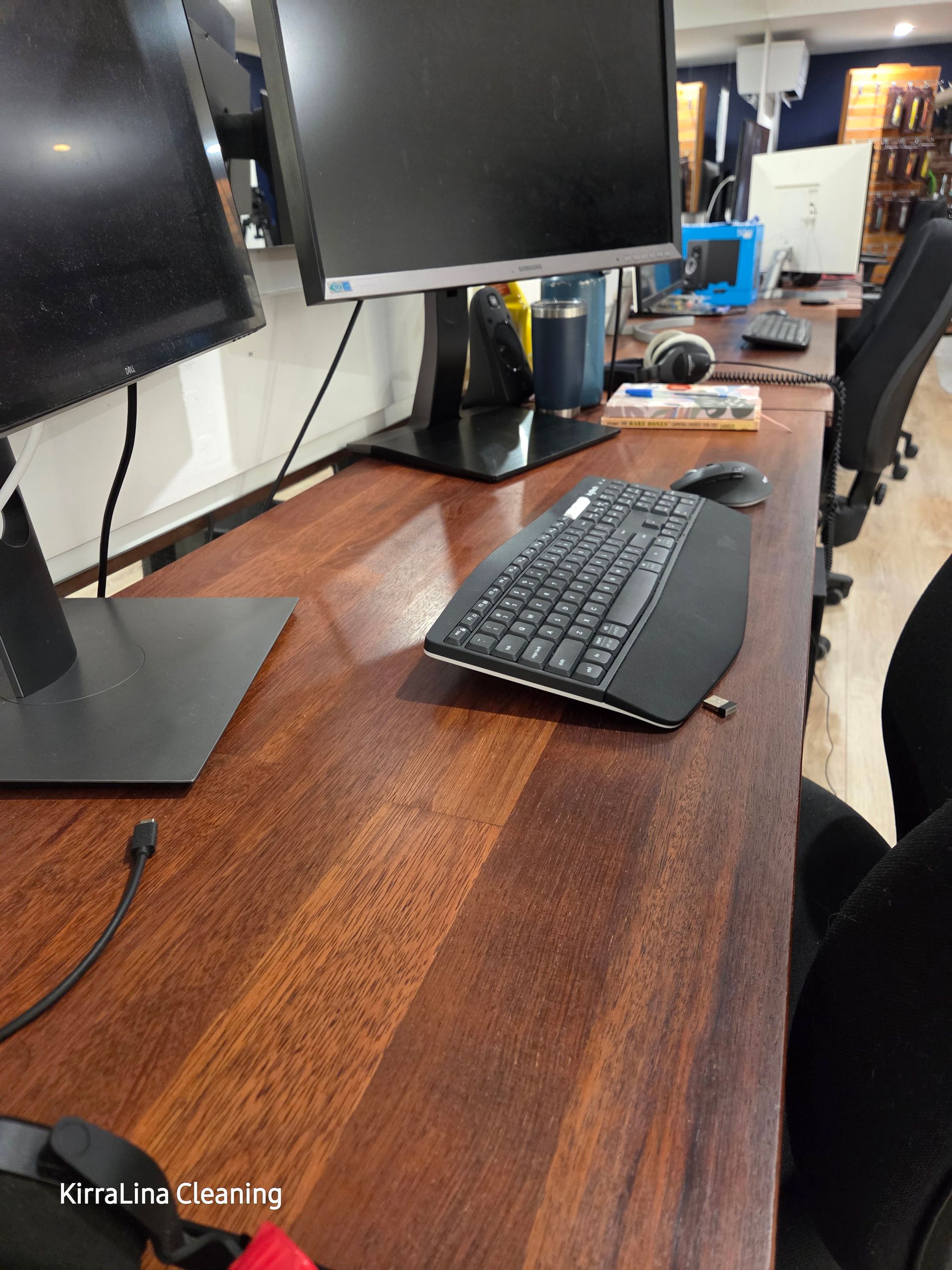 2 Black Monitors and Keyboard on a computer desk — KirraLina Cleaning Services in Banora Point, NSW
