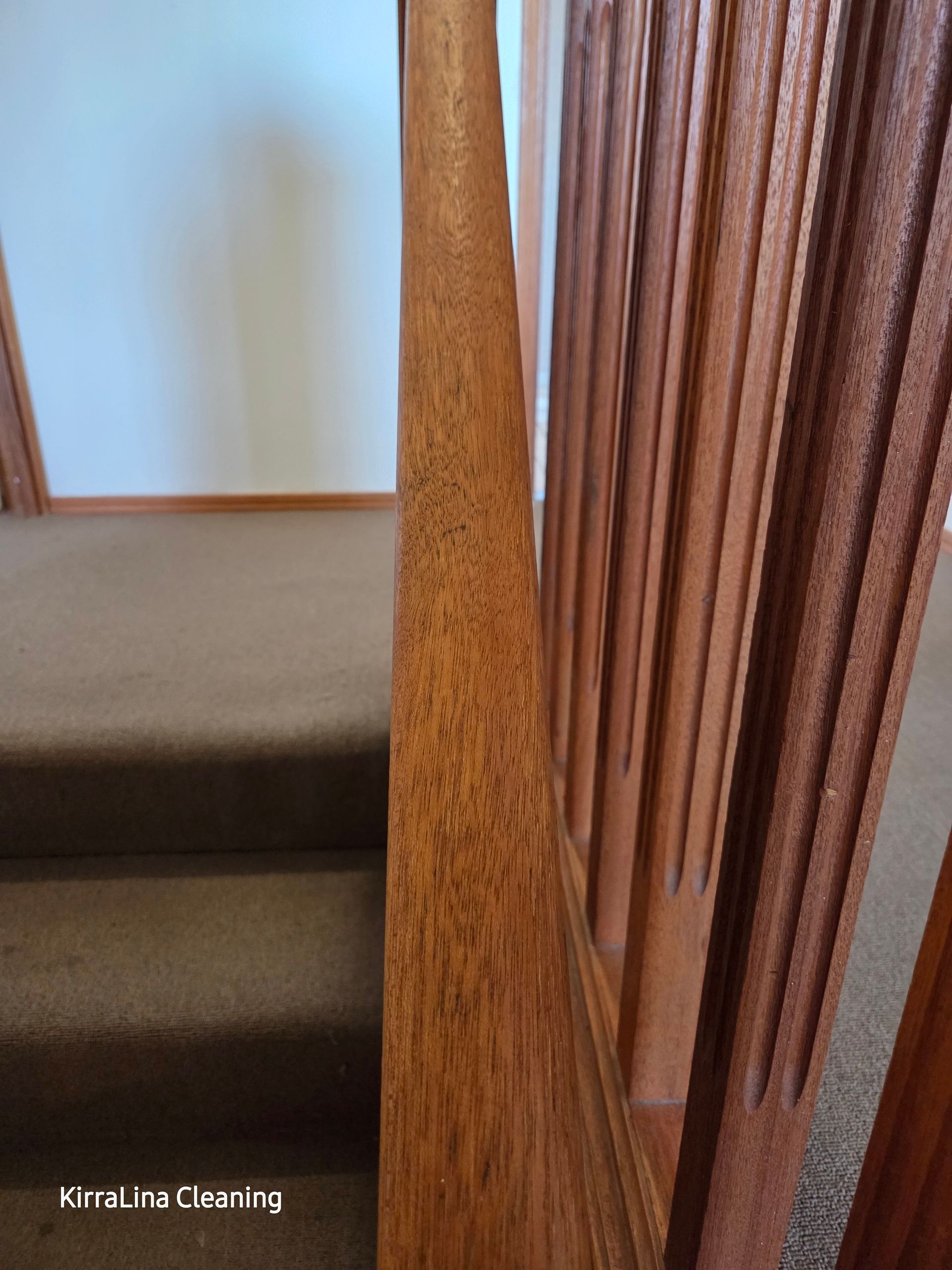 Wooden stair railing and steps with beige carpet — KirraLina Cleaning Services in Tweed Heads, NSW