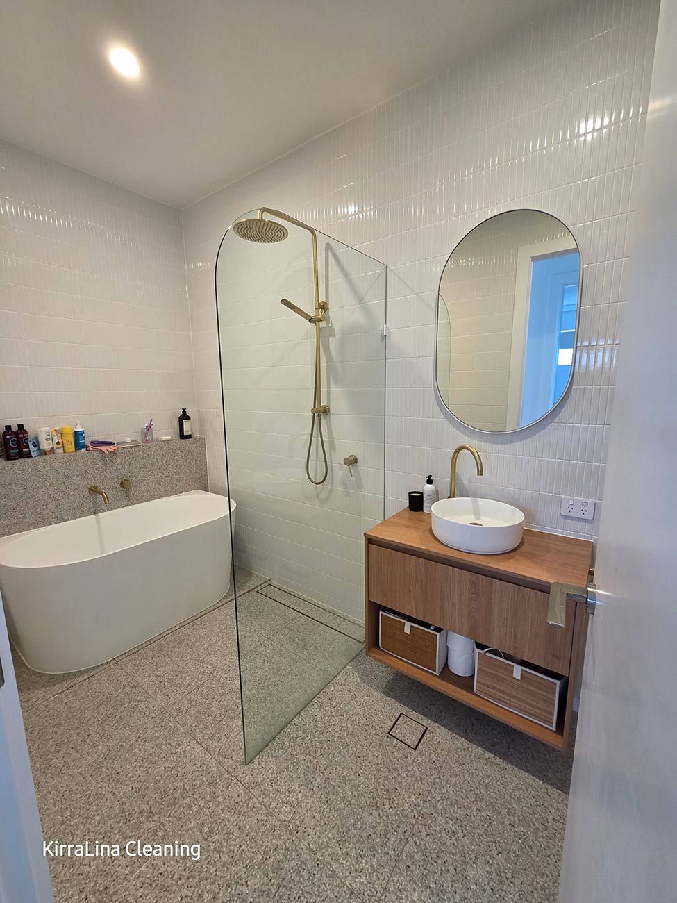 Modern Bathroom with White Mosaic Tile Walls, a Freestanding Tub — KirraLina Cleaning Services in Tweed Heads, NSW