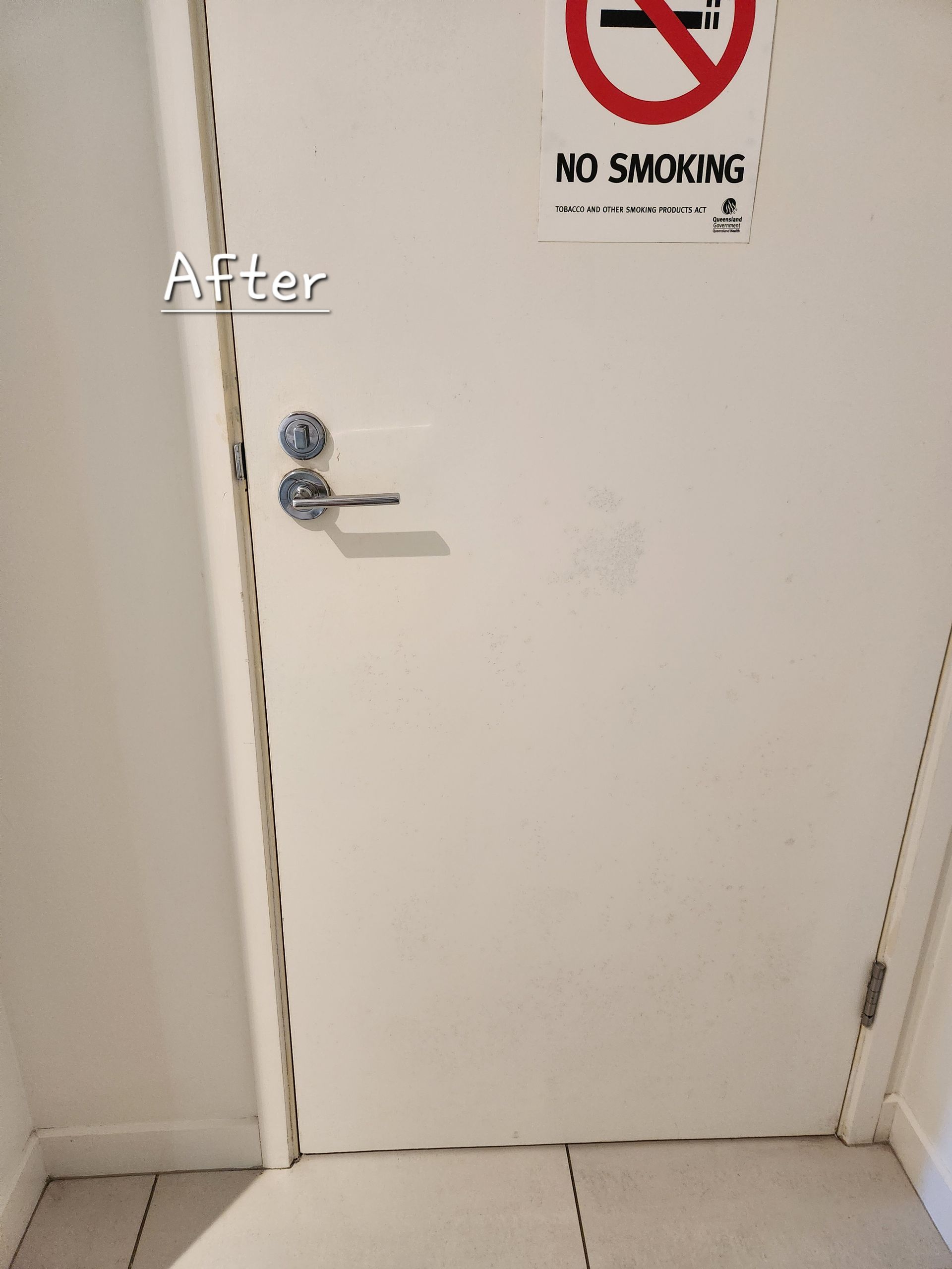 After: White Door With a Handle and a No Smoking Sign — KirraLina Cleaning Services in Banora Point, NSW