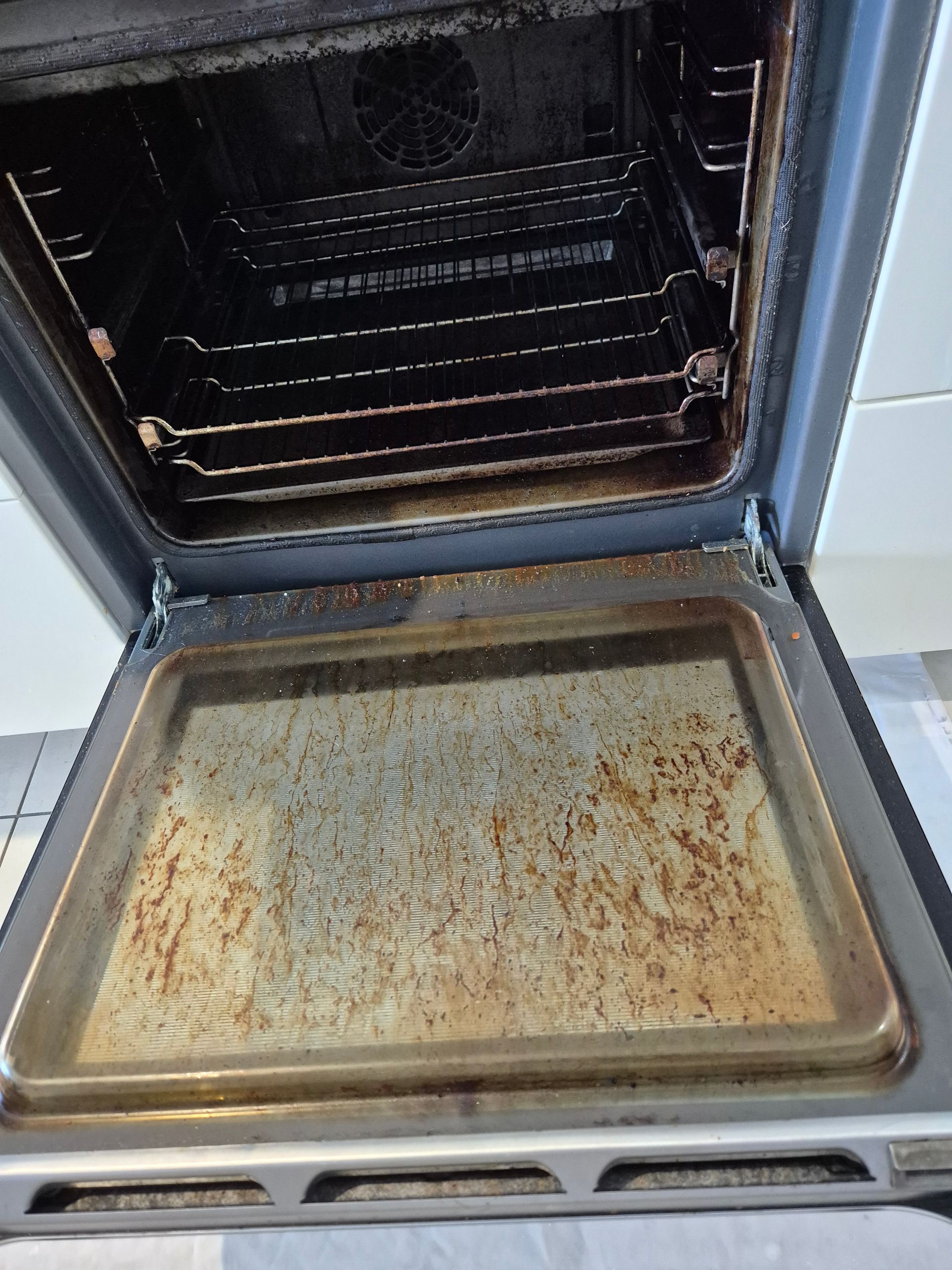 Before: Open, Dirty Oven With a Grimy Baking Pan and Rack Inside — KirraLina Cleaning Services in Casuarina, NSW