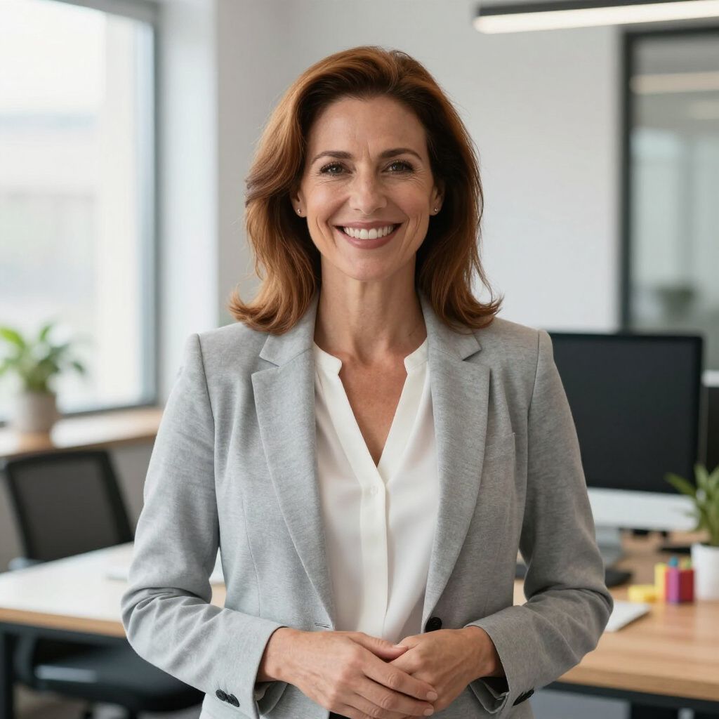 Woman in a grey blazer smiling, hands clasped. In an office setting with desk and monitor.