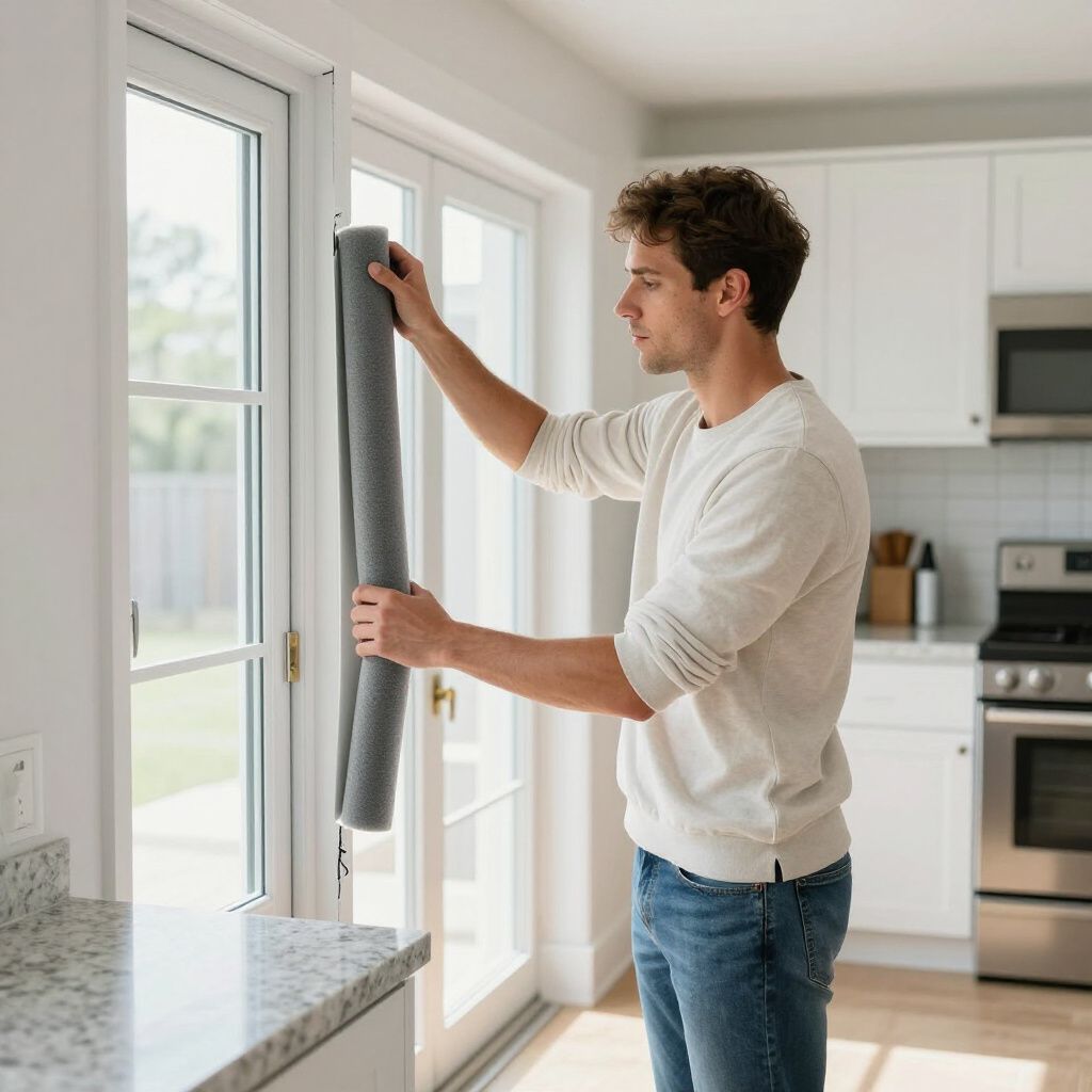 Man installing a gray draft stopper on a glass door in a white kitchen.
